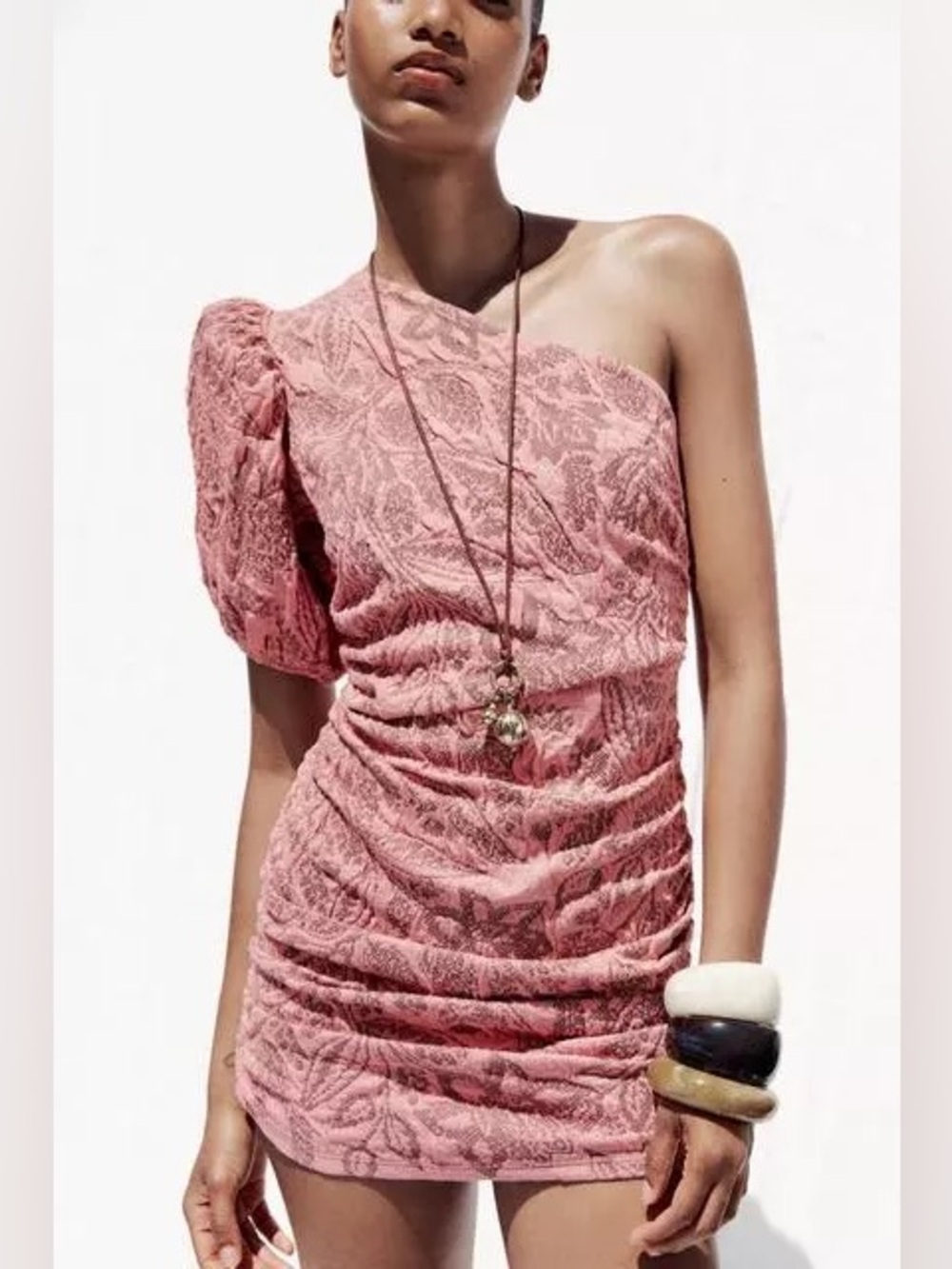 NWT Zara one shoulder pouf sleeve side jacquard ruched mini dress